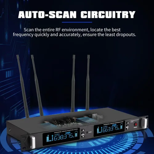 Vista 3 de Sistema de micrófono inalámbrico UHF profesional, micrófono de metal de 2 canales, juego de 2 micrófonos inalámbricos de mano, escaneo automático, 2