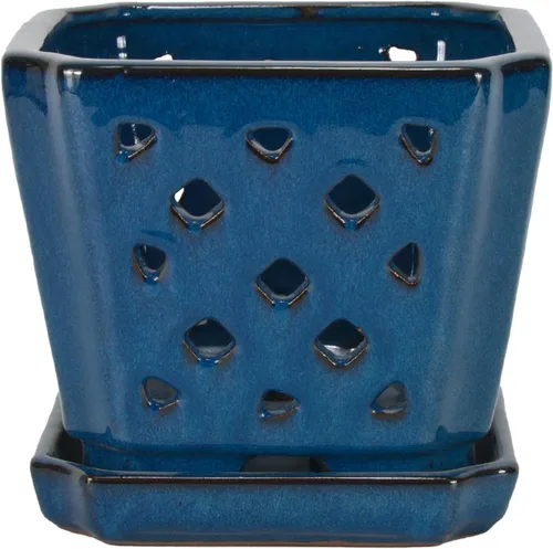 Vista 2 de W&W Ceramic Orchid Pot with Holes and Saucer for Repotting, Blue, 7" Azul