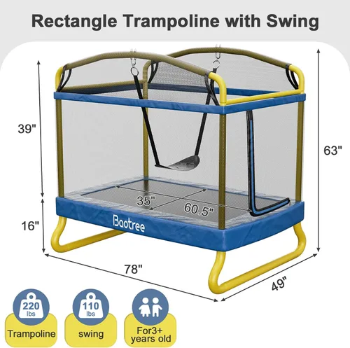 Vista 2 de Baotree Trampolín Rectangular para Niños, 78" Trampolines Recreativos Aprobados por ASTM con Columpio, Red de Cerramiento, Mini Trampolín