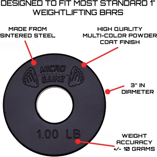 Vista 2 de Micro Gainz Placas de peso fraccionarias estándar de 1 pulgada con orificio central de 8 piezas con bolsa, diseñadas para mancuernas y barras