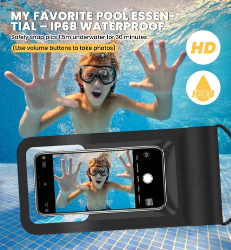 Vista 4 de HiRui Funda impermeable universal para teléfono con pantalla táctil, IP68 impermeable, bolsa seca para playa, compatible con iPhone Negro