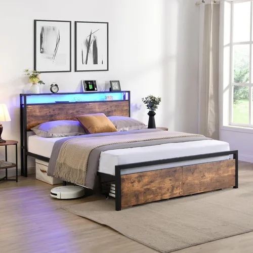 Vista 9 de Base de cama industrial tamaño matrimonial con cabecero, marcos de cama marrón rústico con luces LED y estación de carga, marco de cama