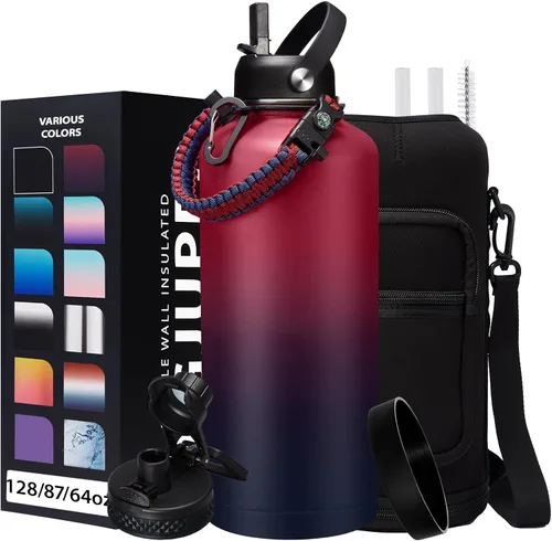 Vista 32 de Botella de agua aislada de 1 galón, con popote y tapa de pico automático, mango de paracord, funda para botella, botella de agua de acero inoxidable