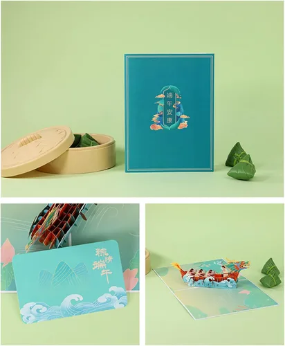 Vista 6 de Tarjeta de felicitación del festival de barcos del dragón chino, tarjetas de papel emergentes 3D con sobre para fiesta de Año Nuevo, regalo del día