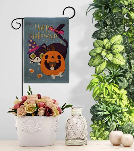 Vista 9 de Juego de bandera de casa de arpillera de gato brujo para otoño, Halloween, truco o trato espeluznante noche negro temporada otoño calabaza