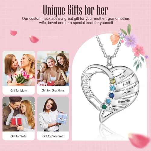 Vista 5 de Personalized Mom Heart Necklace Birthstone Necklace for Women Mom Jewelry with 1-6 Names Customized Name Necklace Christmas Birthday Gifts for Mama