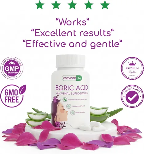 Vista 4 de cosynee Cápsulas de ácido bórico para mujeres con aloe vera – 60 cápsulas, 650 mg cada una – Apoyo a la higiene femenina