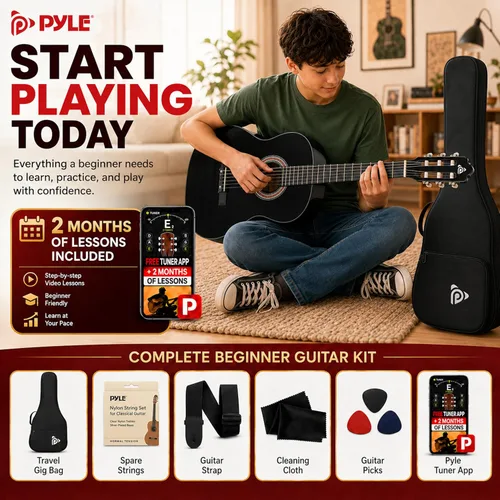 Vista 2 de Pyle Kit de guitarra acústica para principiantes, instrumento de madera de tamaño junior 3/4 con kit completo de accesorios, púas, correa