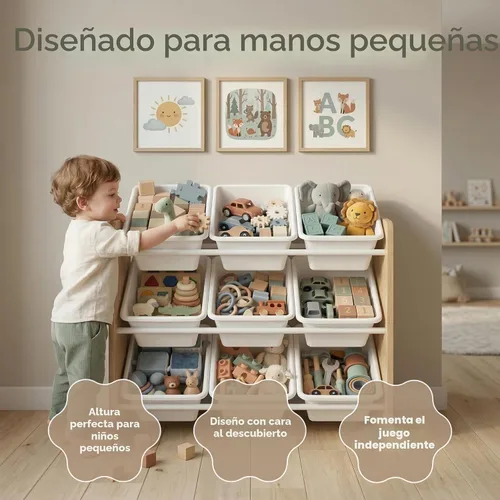 Vista 3 de Humble Crew Organizador de juguetes para niños con 9 contenedores Madera natural/blanco
