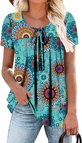 Vista 7 de BETTE BOUTIK Blusas de verano para mujer, plisadas, de manga corta, con cordón, cuello redondo, tallas S-3XL