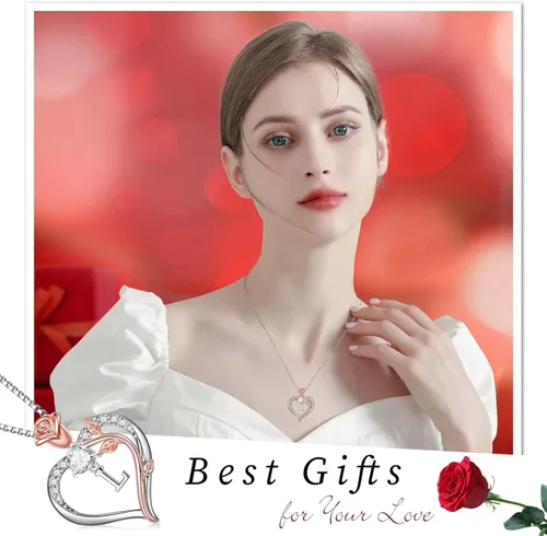 Vista 4 de Hidepoo Collares con inicial de corazón de rosa, regalos para mujer, plata de ley S925, collar con colgante de corazón, joyería para el día