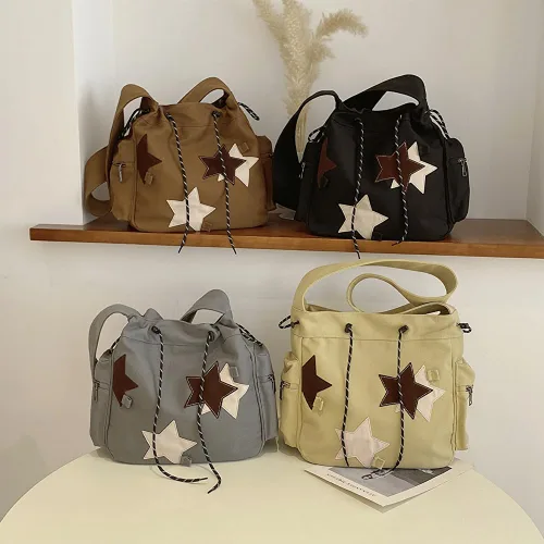 Vista 6 de KlaOYer Bonita bolsa de mensajero de lona, bolso cruzado de estrella, Y2K, bolso de mano kawaii estético hobo para mujer