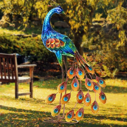 Vista 8 de Kircust Decoración de jardín de estatua de pavo real, esculturas y estatuas de jardín de pájaros de metal, arte de pavo real para patio, césped