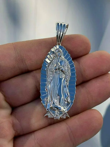 Vista 2 de Harlembling Solid 925 Sterling Silver - Men's Virgin Mary Pendant - Iced Nuestra Señora de Guadalupe