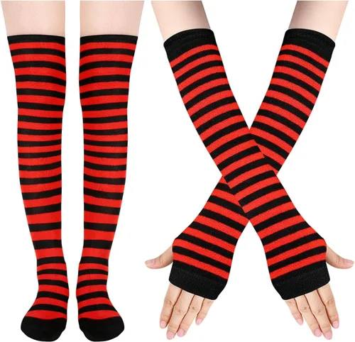 Vista 16 de Benefeet Sox Conjunto de calcetines altos hasta el muslo a rayas arcoíris para mujer, calentadores de brazos, guantes sin dedos, disfraz