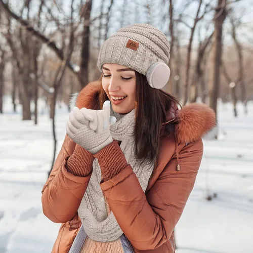 Vista 7 de Motarto Conjunto cálido de invierno, bufanda de punto, gorro, guantes para pantalla táctil, calentador de oídos, equipo para clima frío para hombres