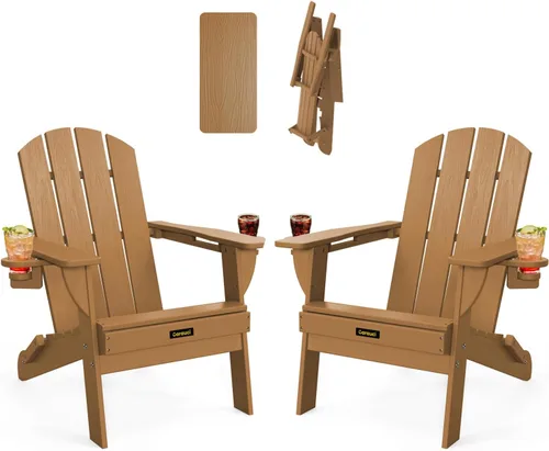 Vista 12 de Silla Adirondack Plegable, Sillas Adirondack de Plástico con Textura de Madera con 2 Portavasos, Silla para Hoguera de HDPE Resistente a