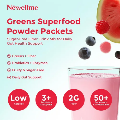 Vista 2 de NEWELLME Happy Cleaner Super Greens Powder – Mezcla de bebida de sandía sin azúcar con clorella y espirulina, vegano, sin OGM, 14 paquetes