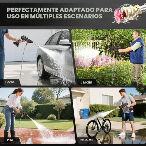 Vista 6 de Lavadora a presión inalámbrica, 1500 W 21 V, lavadora a presión de batería recargable con manguera de 5 M y 3 boquillas, hidrolimpiadoras eléctricas