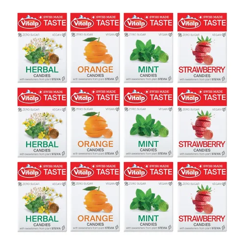 Vista 22 de Vitalp Sabor, Hecho en Suiza, Caramelo Sin Azúcar con Stevia, Vegano, Sabor a Cereza, Paquetes de 25g/0.88 Onzas, 16 Cajas