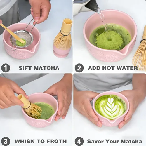 Vista 5 de Juego de batidor de matcha, kit de fabricación de matcha de cerámica rosa con batidor tradicional de bambú, cuenco matcha, cuchara, tamiz y soporte
