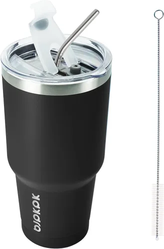 Vista 18 de BJPKPK Vaso térmico negro con tapa y pajita, de acero inoxidable, de 20 onzas, para café Pintura de caucho negro