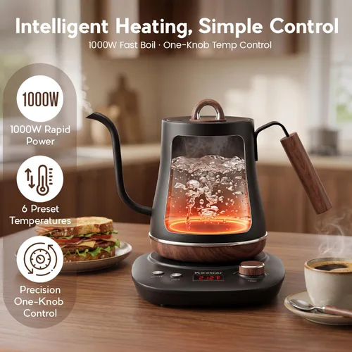 Vista 3 de Gooseneck Electric Kettle, 1.0 L, 1000W, 6 Temp Presets, LED Display Black