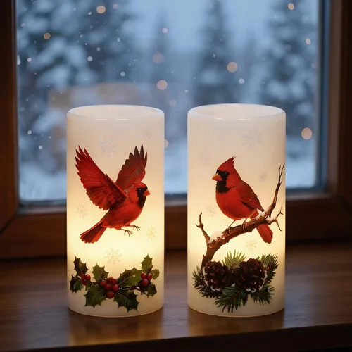 Vista 3 de Velas sin llama de cardenal de Navidad en pilar con control remoto y temporizador, velas LED en portavelas de cera real, vela operada por batería
