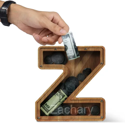 Vista 3 de Alcancía con nombre personalizado, 26 letras láser con texto personalizado, banco de monedas de madera, significado educativo, alcancía con nombre