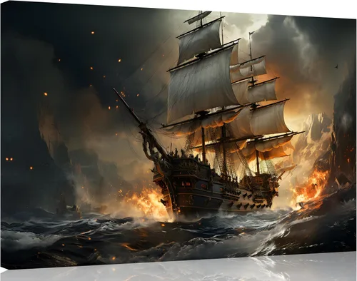 Vista 12 de TutuBeer 3 Piezas Arte de Pared Batalla Naval Barco Imagen Barco Pirata Velero Póster Barco Pirata Azul en Llamas Imagen Impresa en Lienzo Póster