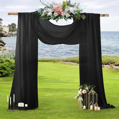 Vista 2 de SiinvdaBZX 2 Paneles Tela Drapeada de Arco de Boda 30" x 240" de Poliéster de Gasa Negra para Múltiples Ocasiones