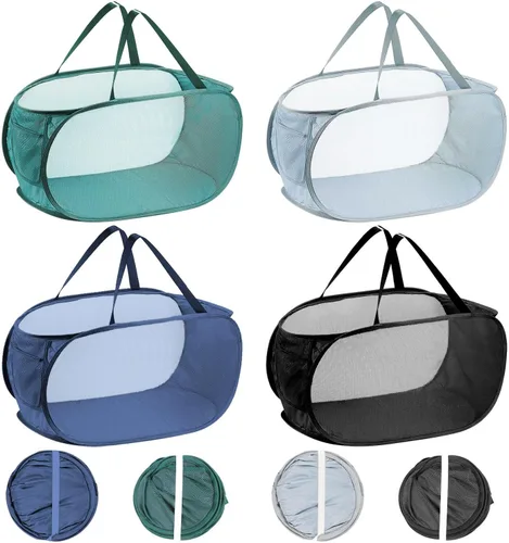 Vista 8 de 2 cestas de malla para la ropa sucia, canastas plegables para la ropa sucia, 75 L, cesta de almacenamiento horizontal con bolsillo lateral y asa