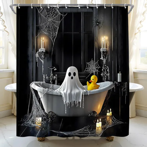 Vista 4 de Cortina de ducha de fantasma de Halloween, bañera de terror espeluznante, ventana gótica, telaraña, noche aterradora, decoración de baño, cortina