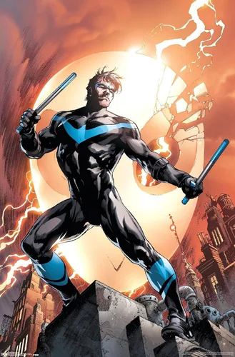 Vista 13 de Trends International DC Comics Nightwing - Póster de pared de fuego, 14.725 x 22.375 pulgadas, versión enmarcada de madera de granero