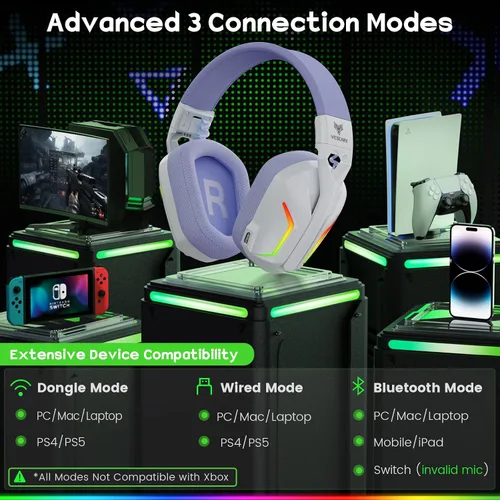 Vista 6 de WESEARY Wireless Gaming Headphones for PS5, PS4, PC, Switch, Mac - 7.1 Surround Sound, Bluetooth Headset with Microphone and 50mm Drivers
