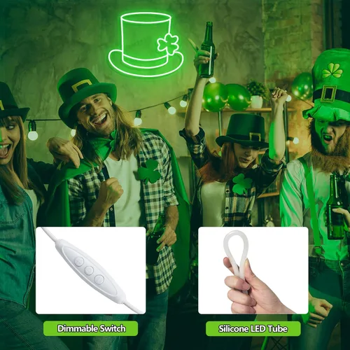 Vista 4 de Letrero LED de trébol de neón con diseño de trébol de San Patricio, color verde claro, sombrero de la suerte, trébol, para decoración de pared