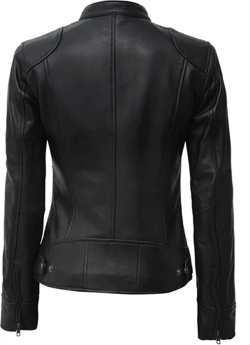 Vista 4 de Decrum Chaquetas de cuero para mujer - Chaqueta de cuero de piel de cordero real estilo Café Racer Causal y de moda para mujer