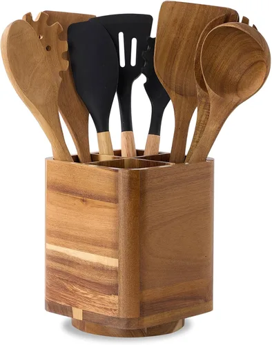 Vista 8 de Soporte para utensilios de madera de acacia para encimera de cocina, giratorio de 360° de 7.2 pulgadas, recipiente de madera para utensilios