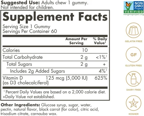 Vista 2 de Solgar Gomitas de vitamina D3 para adultos, 60 gomitas vegetarianas y sin 5,000 UI, apoyo del sistema inmunológico de vitamina ultra potencia