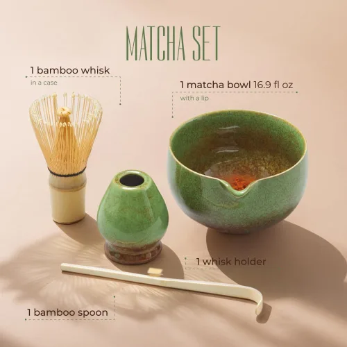 Vista 2 de SOLACEA Juego completo de batidor de matcha: cuenco de matcha con boquilla, juego de matcha y soporte de cerámica con cuchara de matcha de bambú