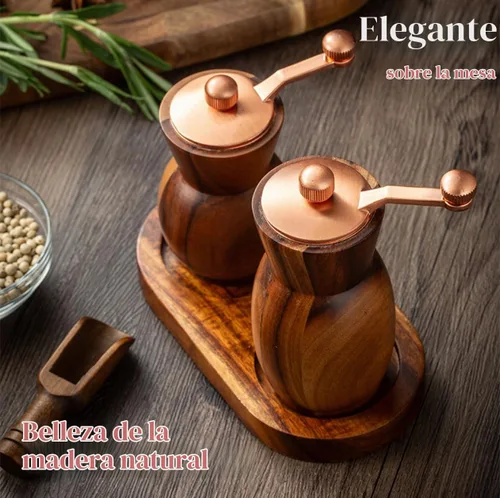 Vista 2 de Molinillo de pimienta, molinillo de sal y pimienta con soporte, salero y pimentero de madera, molinillo de especias manual recargable