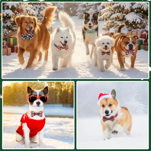 Vista 5 de Silkfly 60 piezas de collar de perro a cuadros de Navidad, corbatín a granel, accesorios de vacaciones, lazos para cachorros, collares desmontables