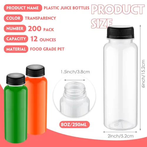 Vista 2 de Tanlade - Paquete de 200 botellas de plástico para jugo con tapas reutilizables, 8 onzas, color negro