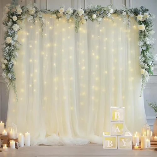Vista 14 de Cortina de telón de fondo de tul azul bebé de 10 x 8 pies con cadena de luces para fiestas, cortinas de fondo transparentes para bodas, baby shower