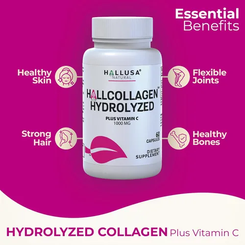 Vista 3 de Hallusa Natural Cápsulas de colágeno hidrolizado de 1000 mg con vitamina C - Suplemento antienvejecimiento para piel, cabello, uñas y articulaciones