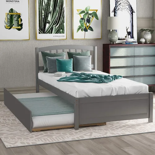 Vista 10 de P PURLOVE - Base de cama tamaño individual, plataforma de madera maciza con Gris
