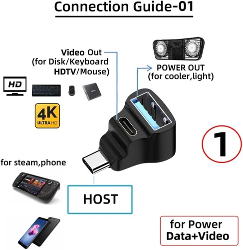 Vista 9 de 10Gbps USB3.0 tipo C macho a OTG dual tipo-A y tipo-C hembra divisor de alimentación y datos con ángulo compatible con Steam Deck portátil