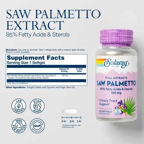 Vista 2 de SOLARAY - Extracto de palma enana americana – Salud de próstata y apoyo del tracto urinario – 136 mg de ácidos grasos y esteroles – verificado