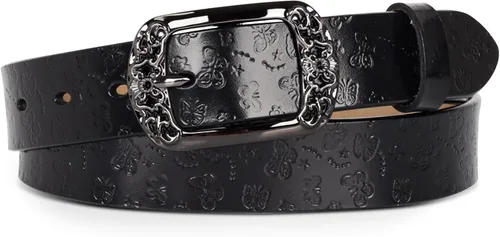 Vista 183 de Cinturón de cuero clásico con hebilla de metal para mujer con vestido de jeans