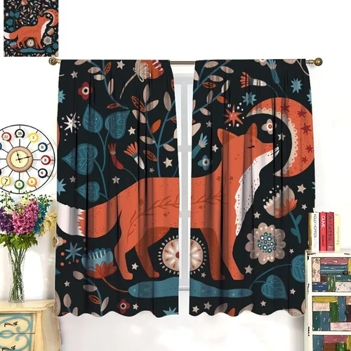 Vista 3 de Cortinas opacas de dibujos animados de animales de bosque naranja, zorro, flores, luna, hojas azules, arte abstracto, niños y niñas, decoración